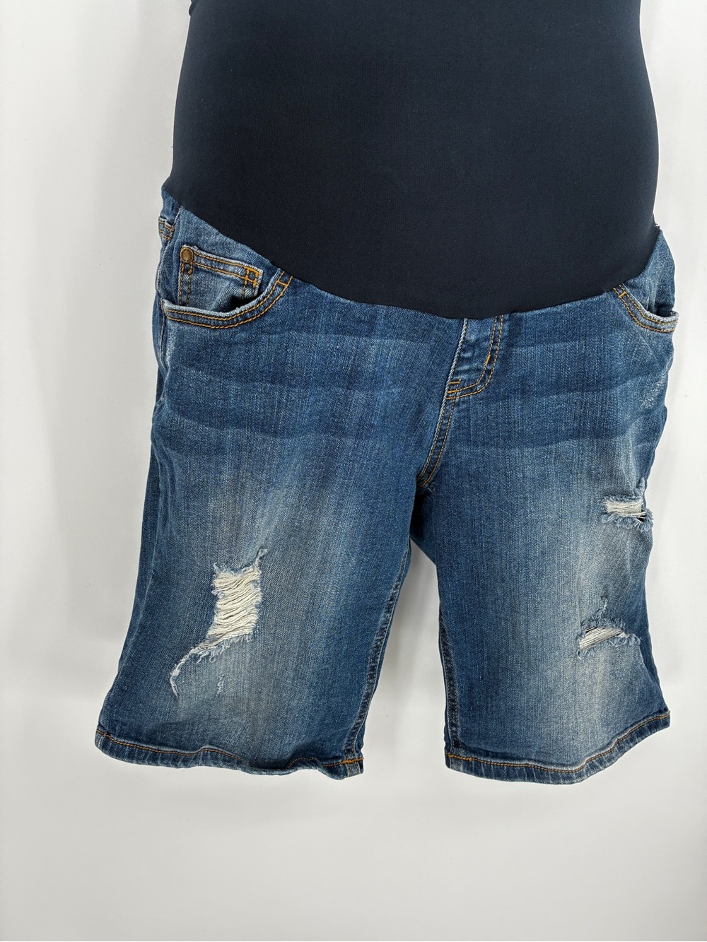 Indigo Blue Distressed Denim Bermuda Maternity Shorts Size M Full Belly Panel - Picture 4 of 9
